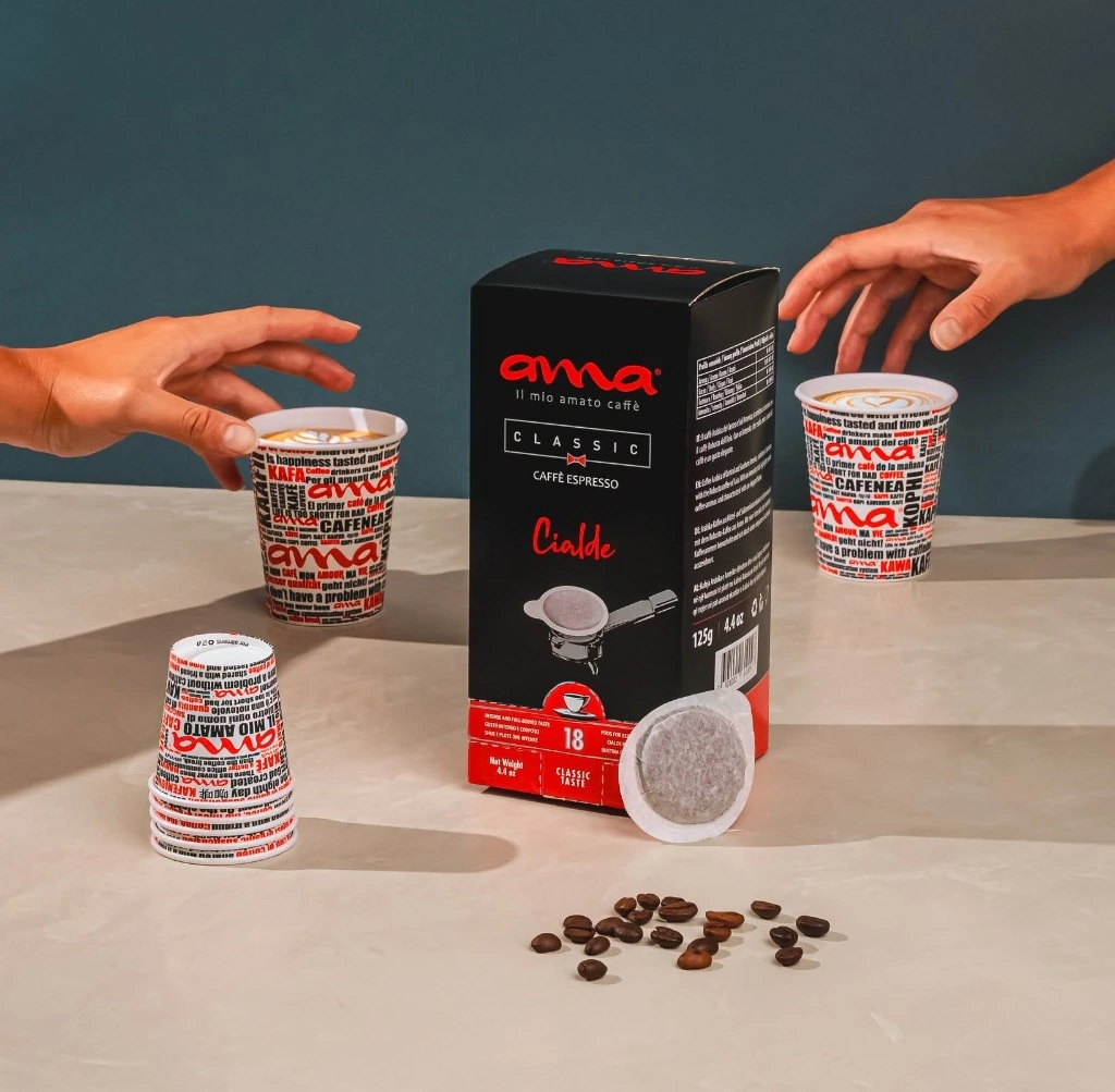Ama Caffè Classic espresso pods with latte art cups