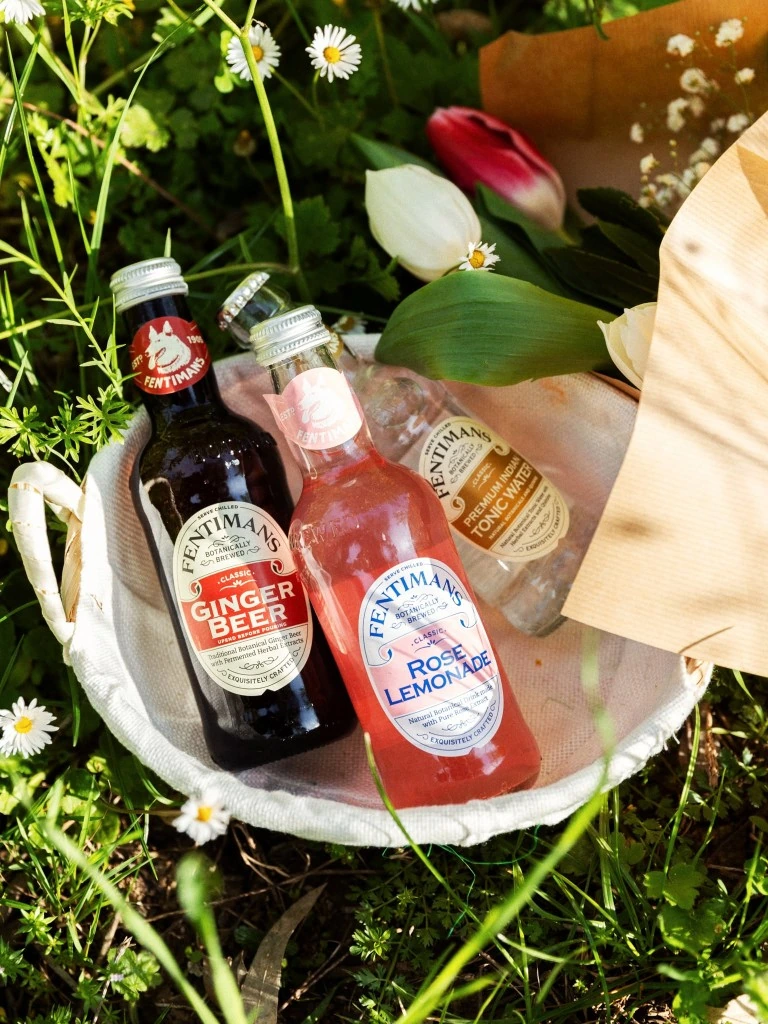 Fentimans Ginger Beer, Rose Lemonade and Tonic Water in a meadow basket