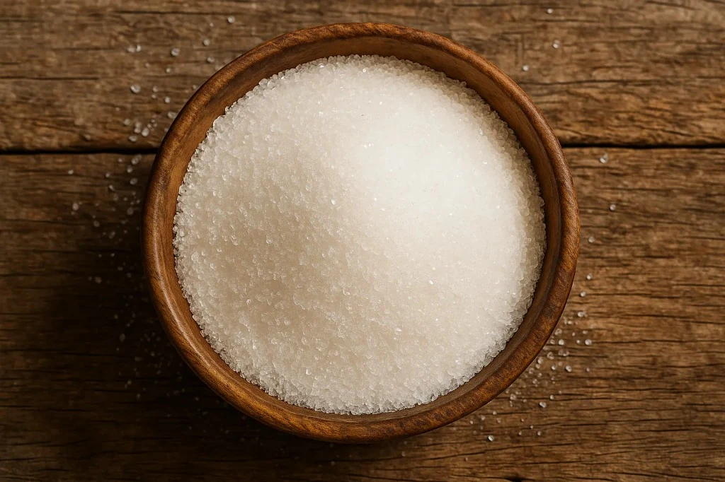 Bowl of crystal sugar on a wooden table