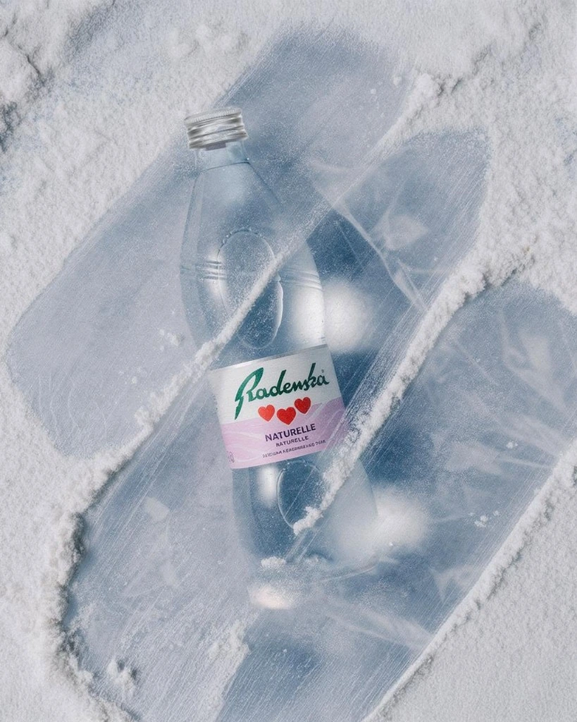 Radenska Naturelle mineral water bottle in snow